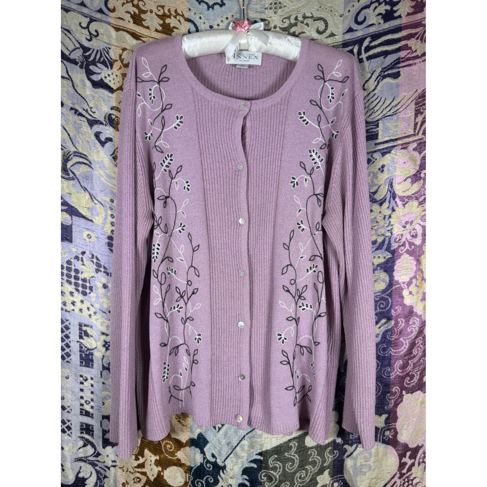 Purple Coastal Cottage Beaded Embroidered Floral Button Front Oversized Sweater